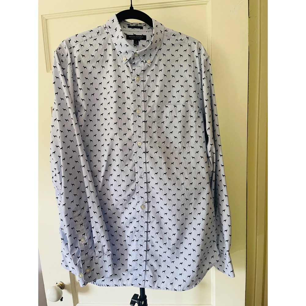 Banana Republic Men's L Slim Flex Tech Stretch Dog Print Button Down Shirt